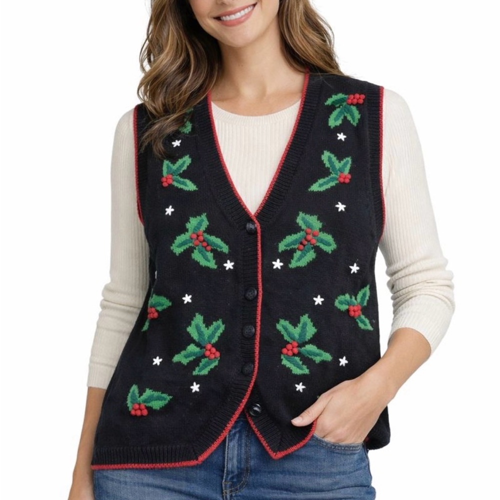 Bechamel Women’s Size SP Holly Berry Black/Green Christmas Sweater Vest Vintage